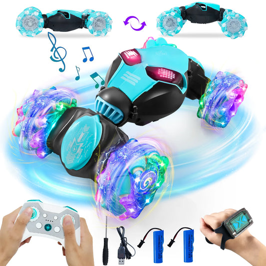 AGNEVE RC Stunt Car, 4WD Gesture Sensing Remote Control Car with Lights & Music for Kids T00035-Blue